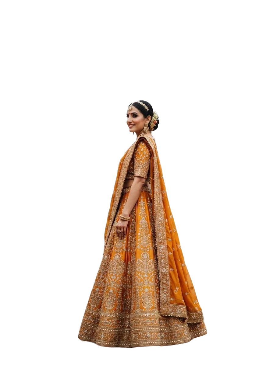 Mustard-orange embroidered lehenga, photo 1 of 3