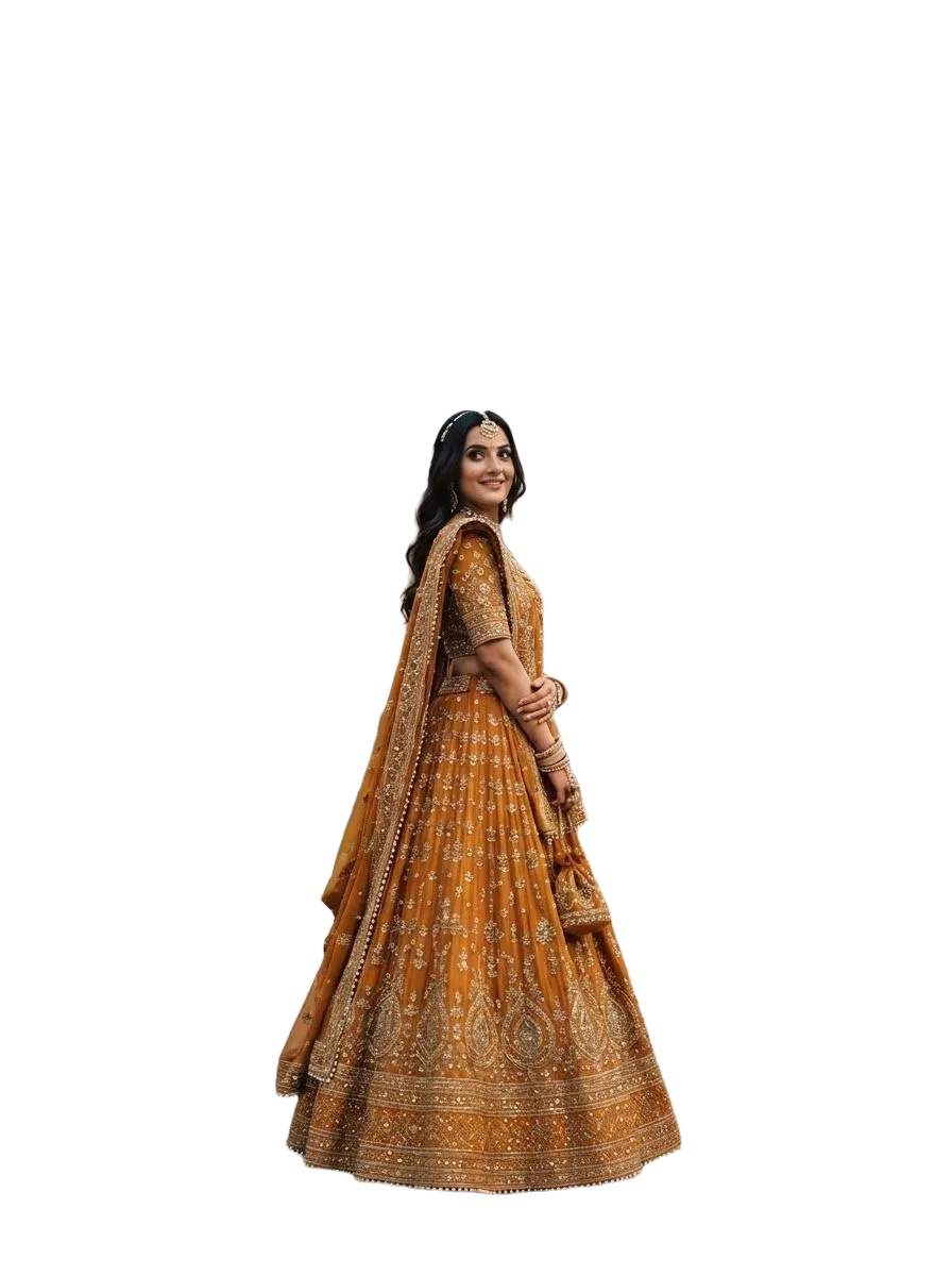 Mustard-orange embroidered lehenga, photo 2 of 3