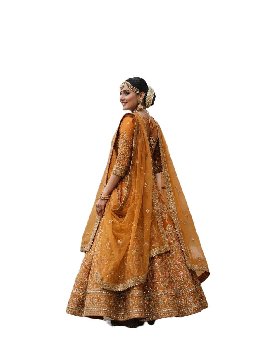 Mustard-orange embroidered lehenga, photo 3 of 3