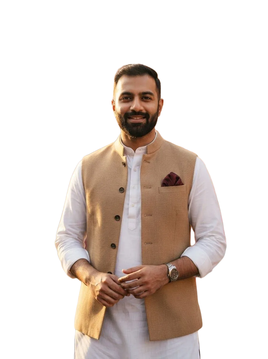 White kurta with a tan Nehru jacket, photo 1 of 3