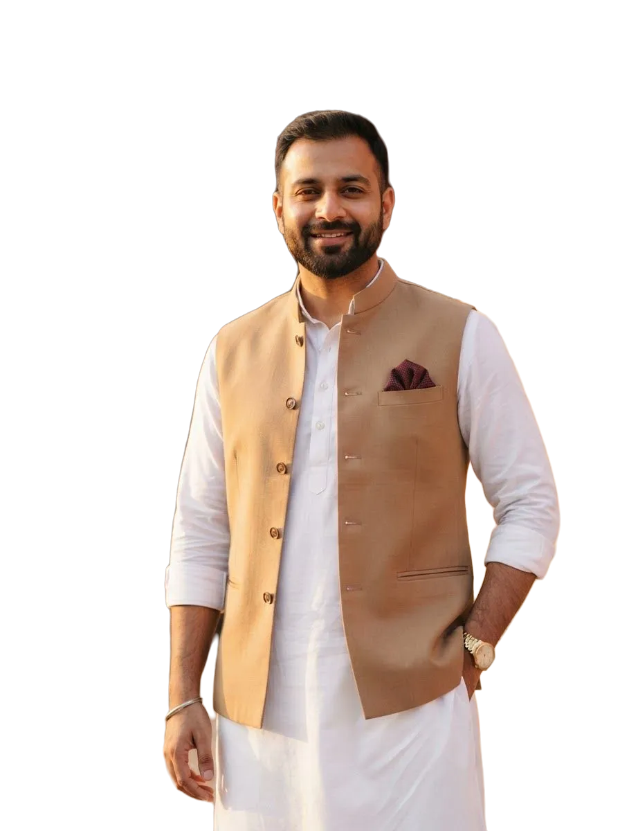 White kurta with a tan Nehru jacket, photo 2 of 3