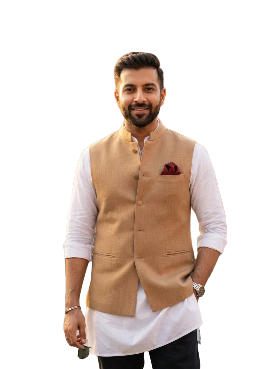 White kurta with a tan Nehru jacket, photo 3 of 3