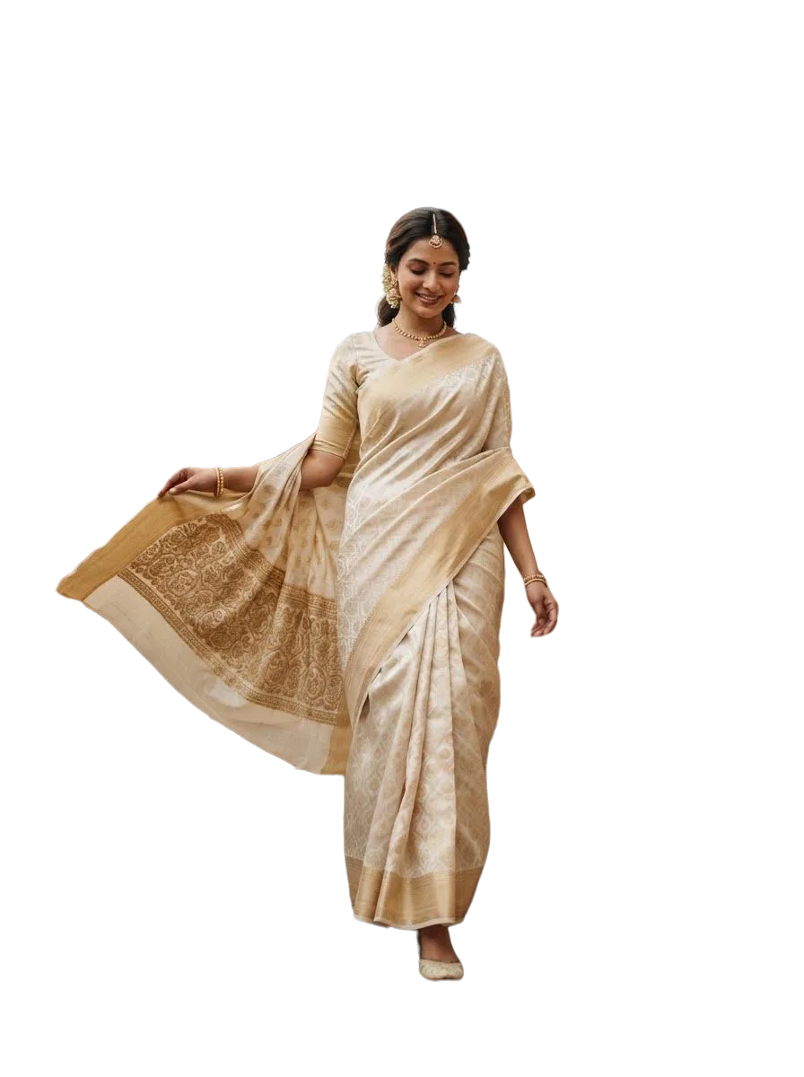 Cream and gold saree with a flowing pallu, photo 1 of 3