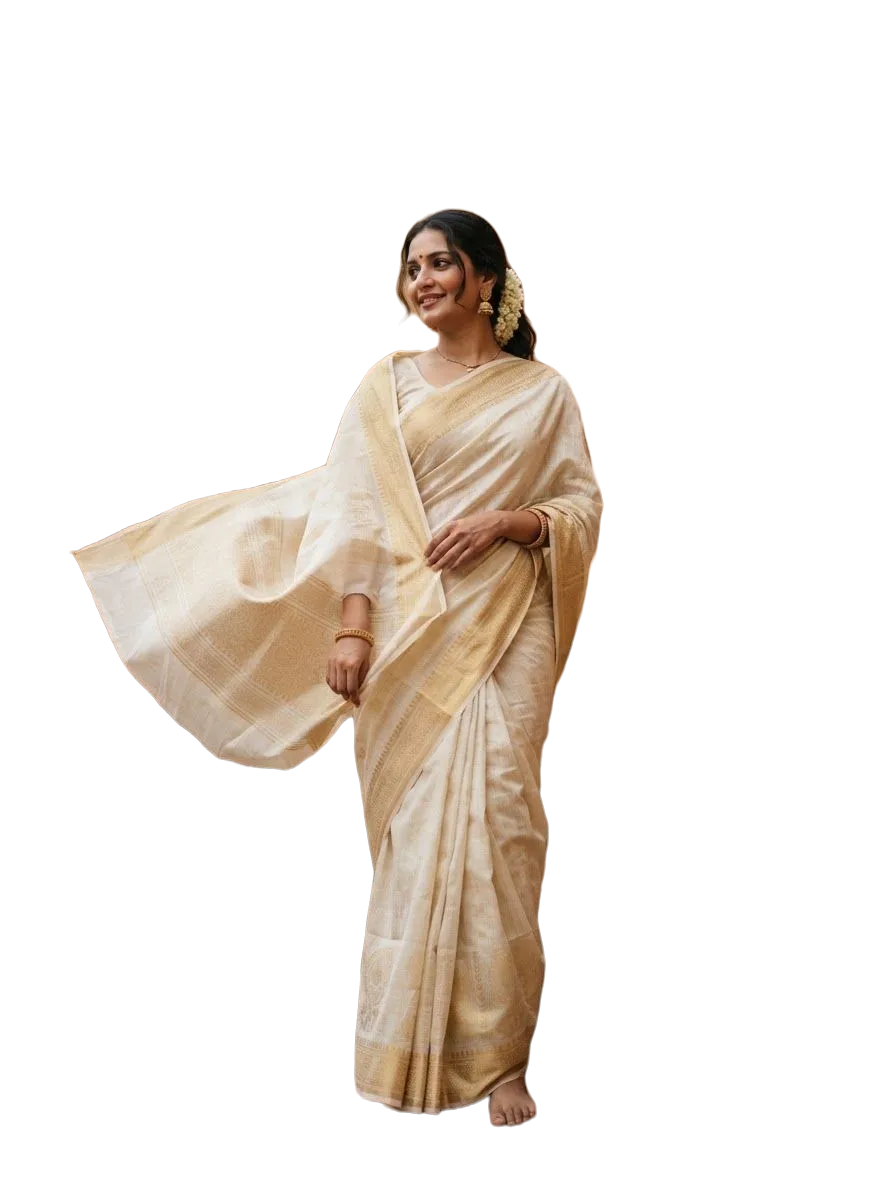 Cream and gold saree with a flowing pallu, photo 2 of 3