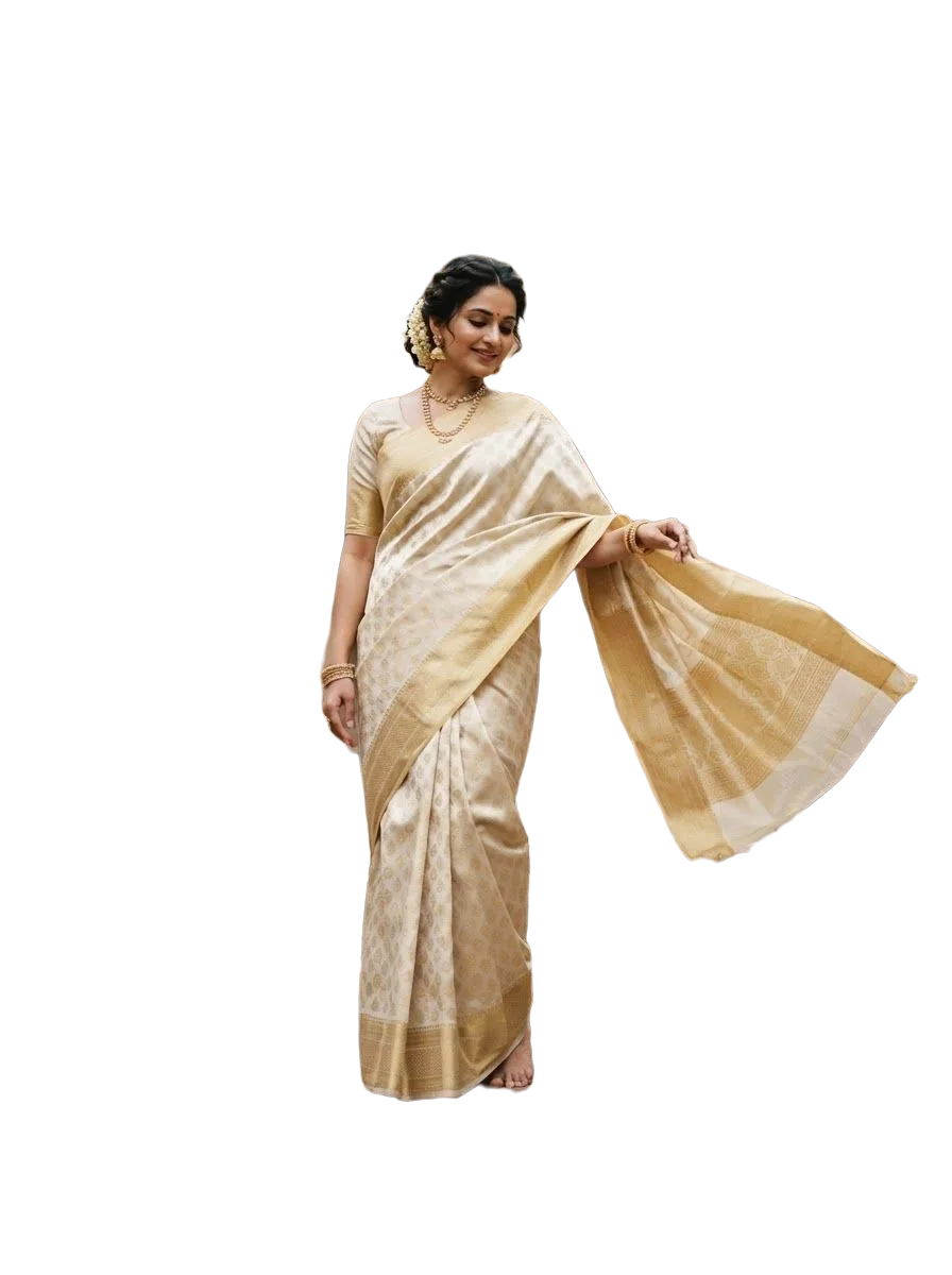 Cream and gold saree with a flowing pallu, photo 3 of 3