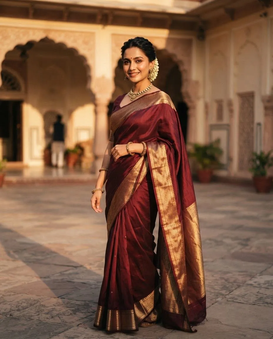 Woman in a maroon silk saree with a gold border in a Jaipur haveli courtyard, photo 1 of 3