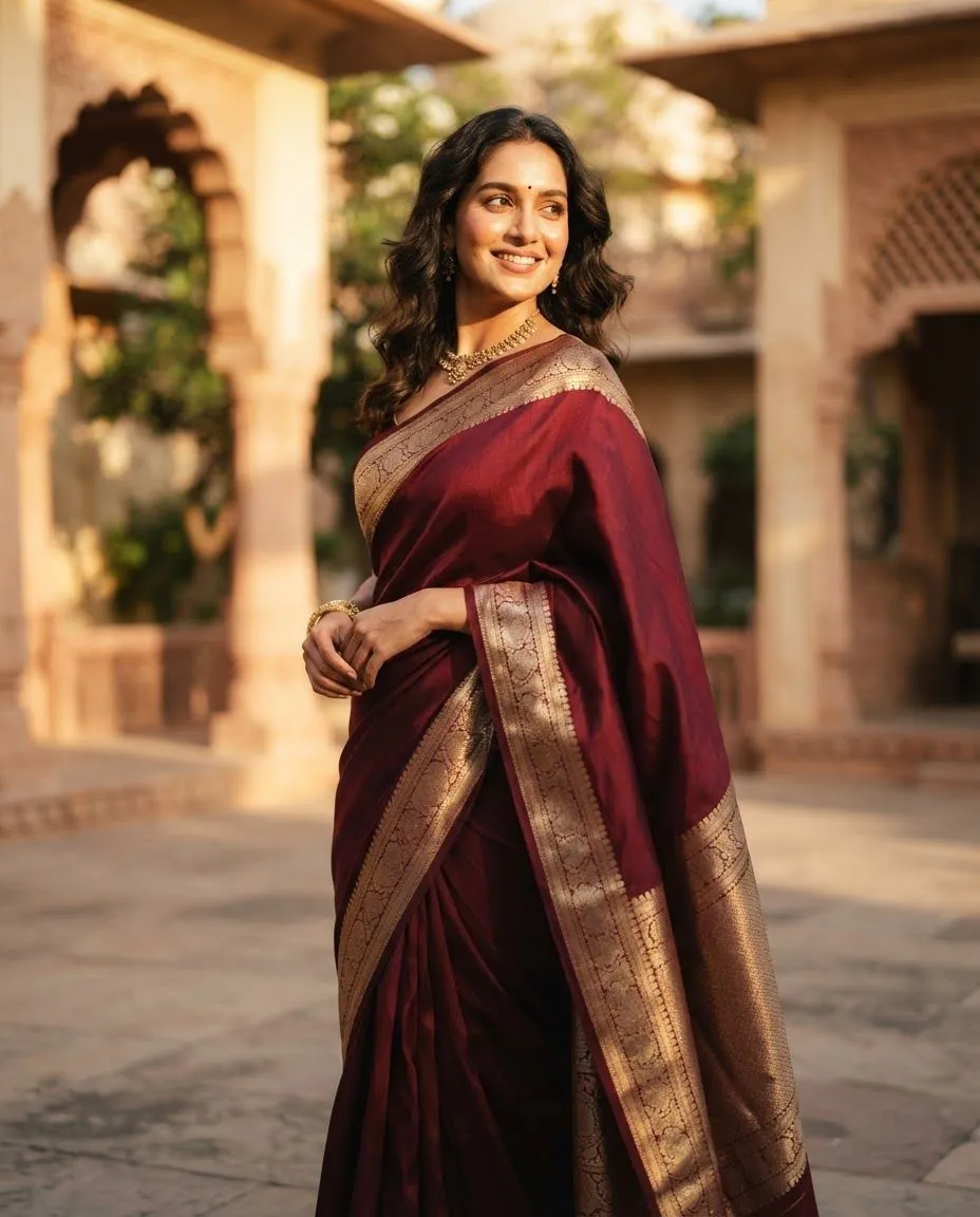 Woman in a maroon silk saree with a gold border in a Jaipur haveli courtyard, photo 2 of 3