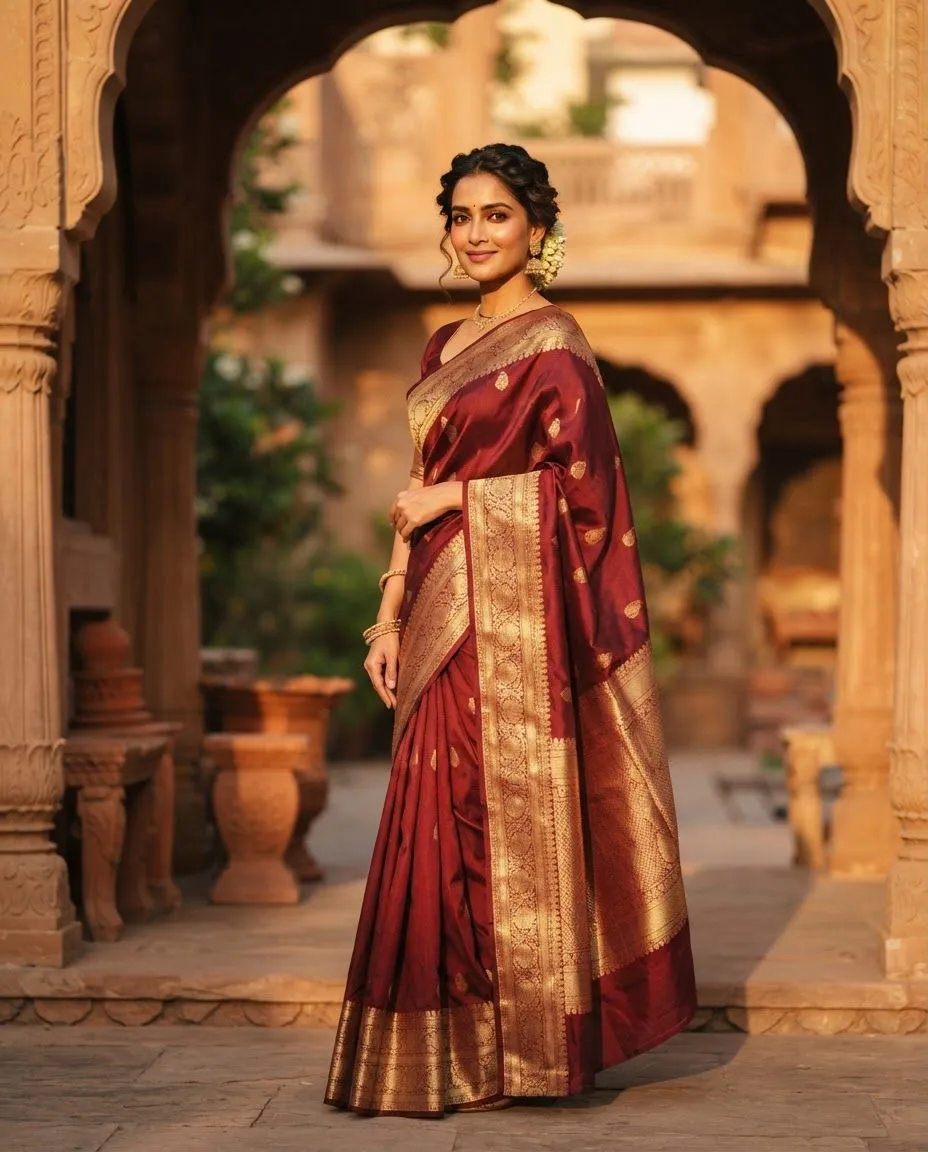 Woman in a maroon silk saree with a gold border in a Jaipur haveli courtyard, photo 3 of 3