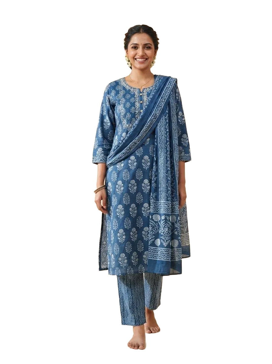 Indigo block-print kurta set with dupatta, photo 1 of 3