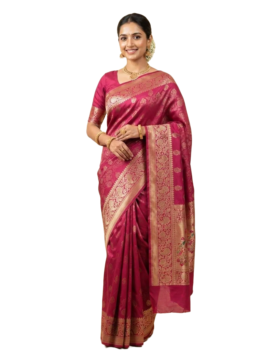 Pink Banarasi silk saree with gold zari border, photo 1 of 3