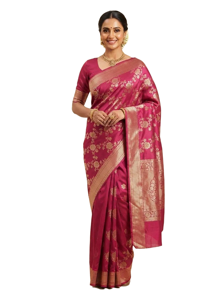Pink Banarasi silk saree with gold zari border, photo 3 of 3