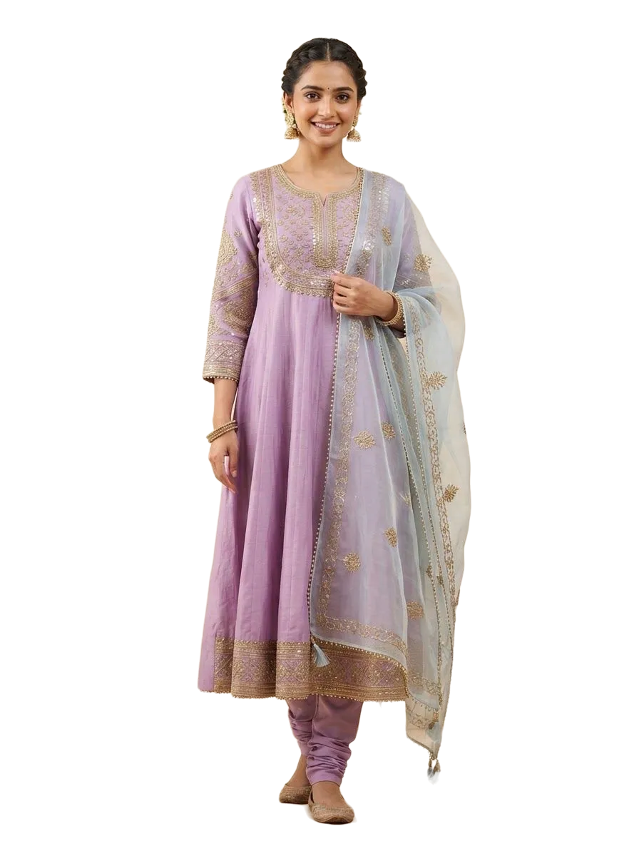Lilac Chanderi anarkali set with a sheer dupatta, photo 1 of 3