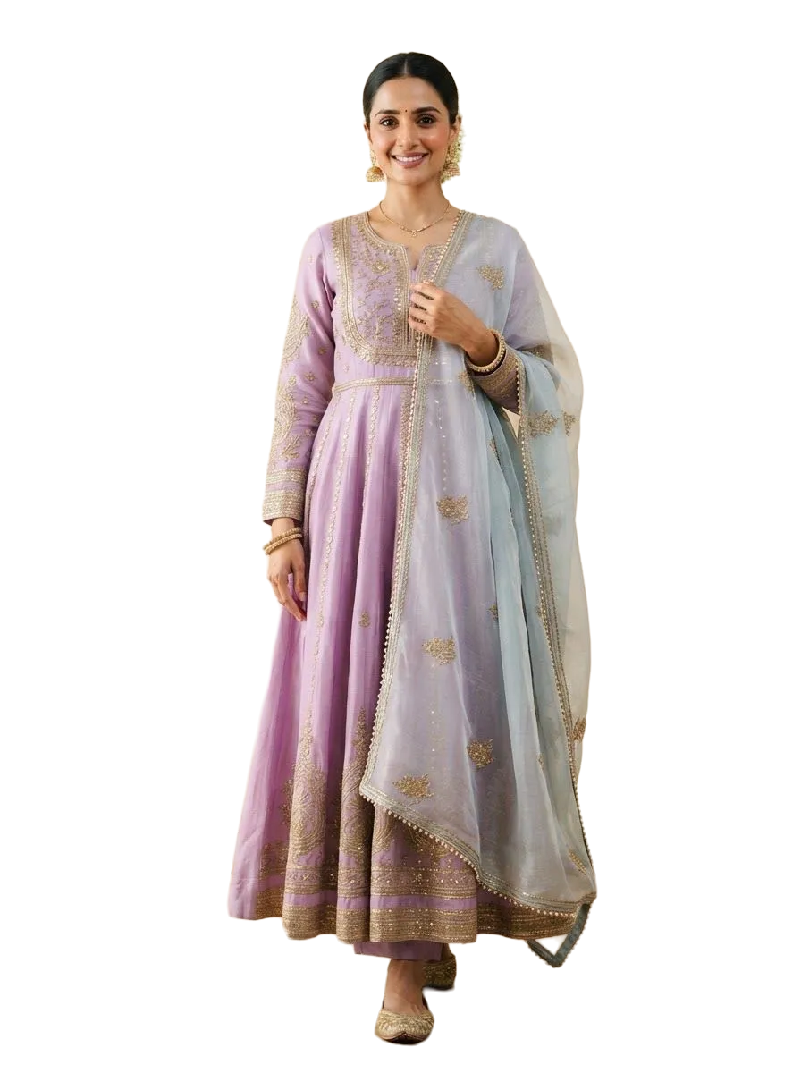 Lilac Chanderi anarkali set with a sheer dupatta, photo 2 of 3