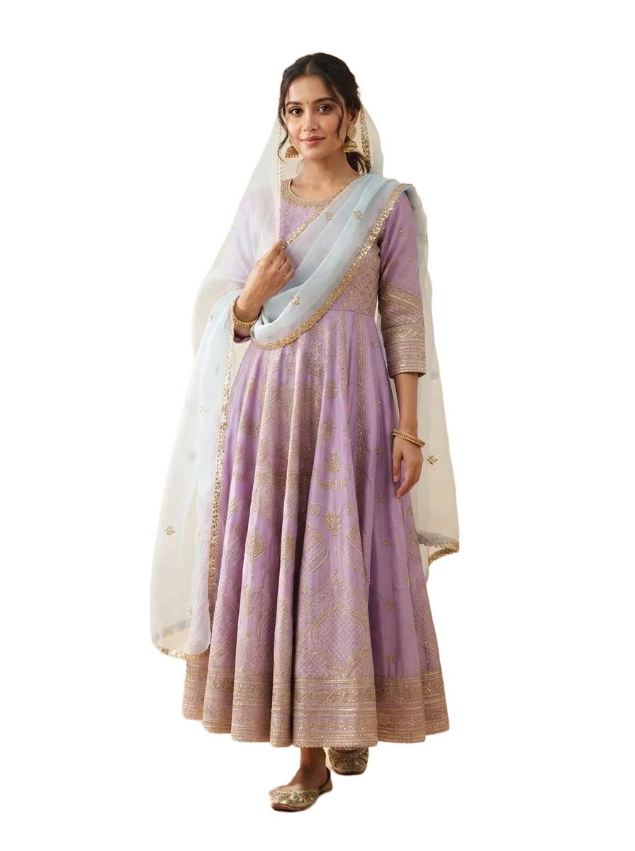 Lilac Chanderi anarkali set with a sheer dupatta, photo 3 of 3