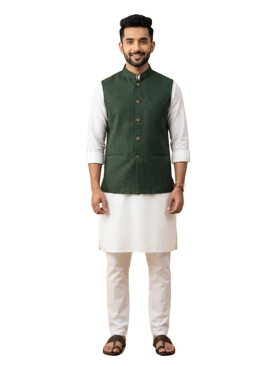 Bottle-green cotton Nehru jacket over a white kurta, photo 1 of 3