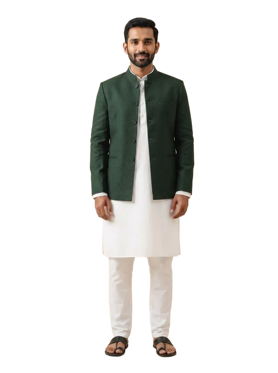 Bottle-green cotton Nehru jacket over a white kurta, photo 2 of 3