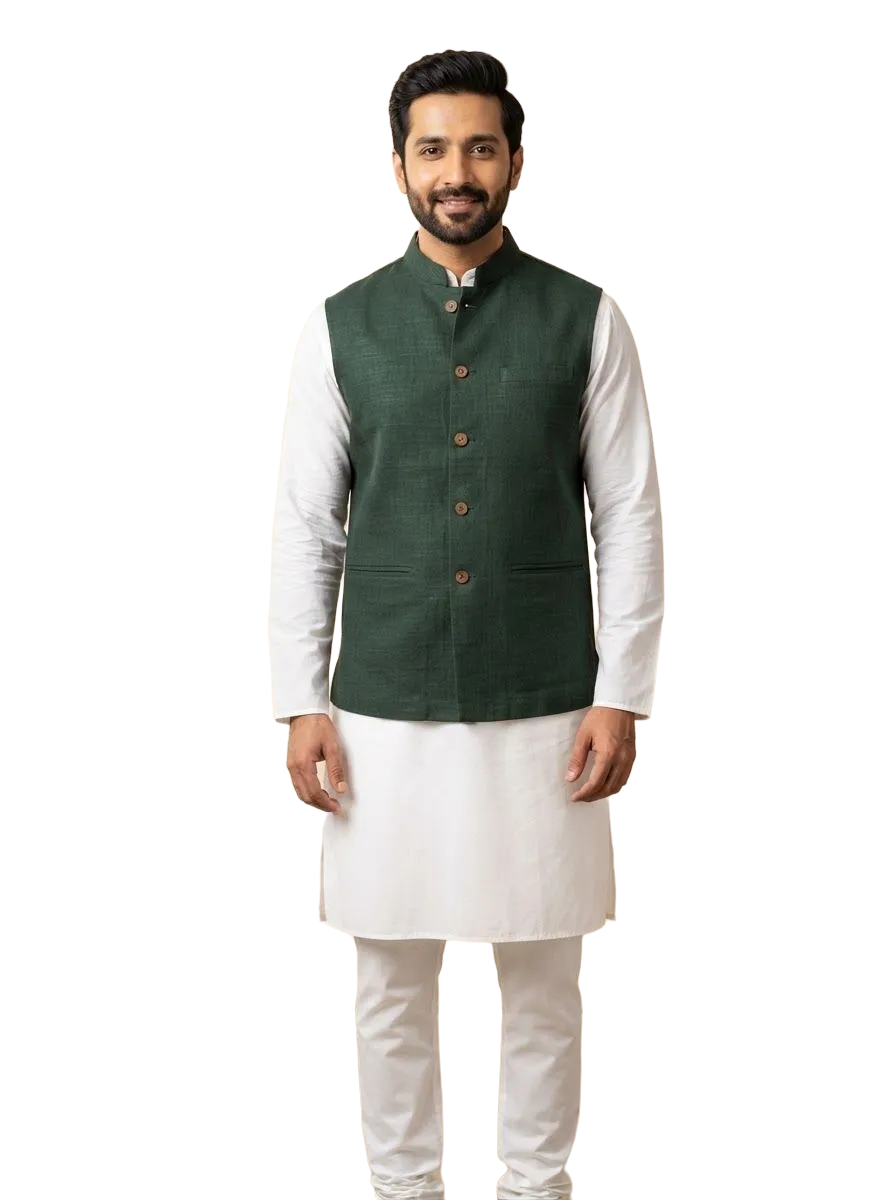 Bottle-green cotton Nehru jacket over a white kurta, photo 3 of 3