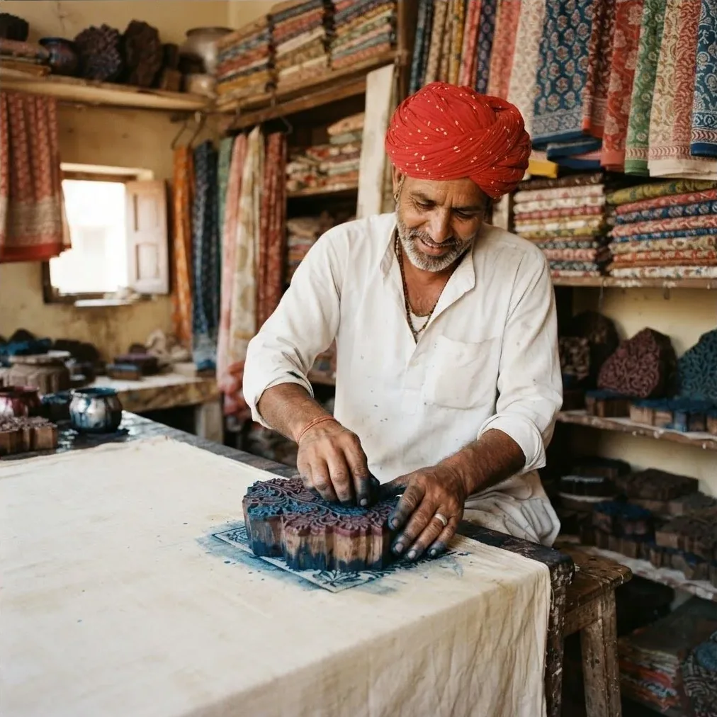 Artisan in a red turban block-printing fabric in a Jaipur workshop, photo 1 of 3