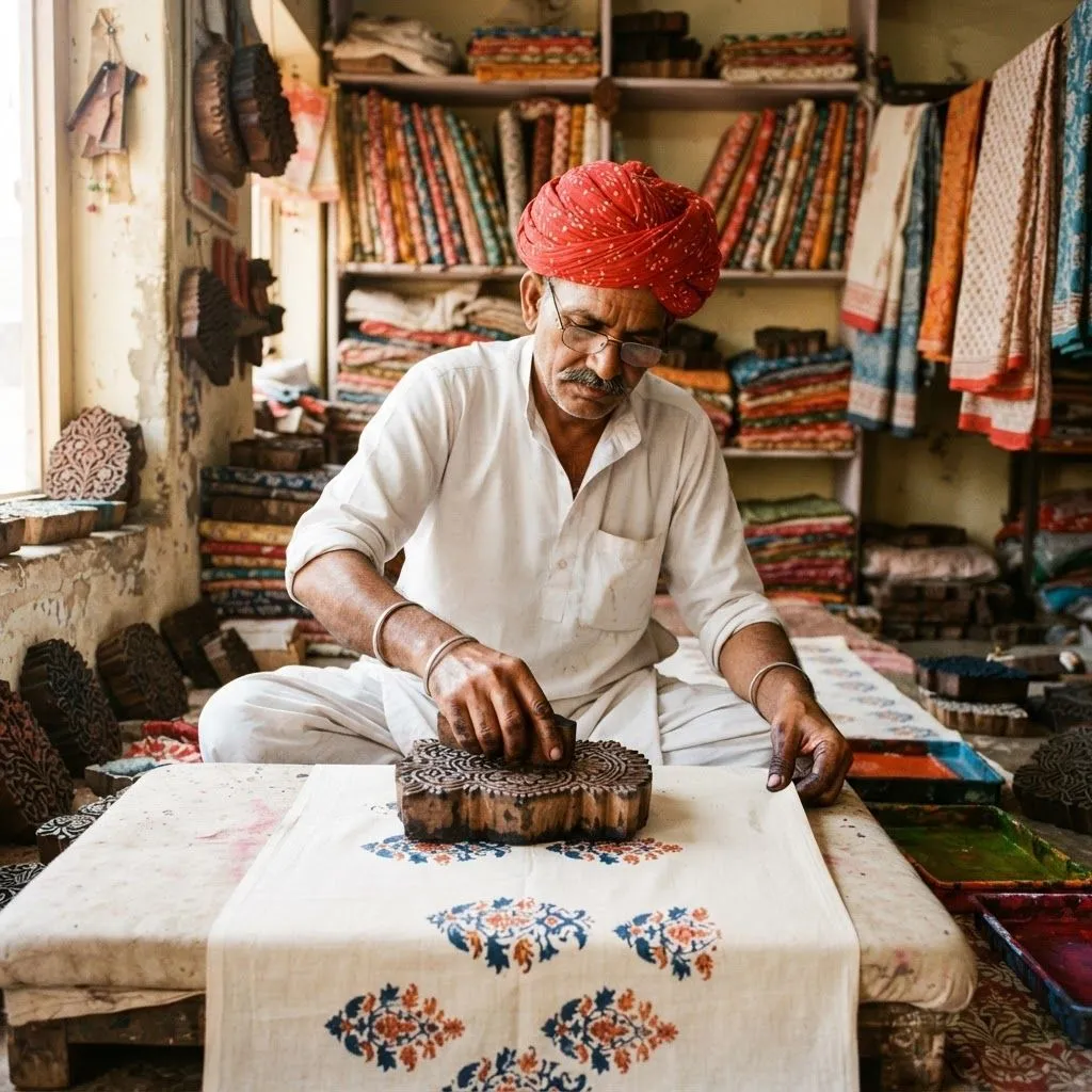 Artisan in a red turban block-printing fabric in a Jaipur workshop, photo 2 of 3