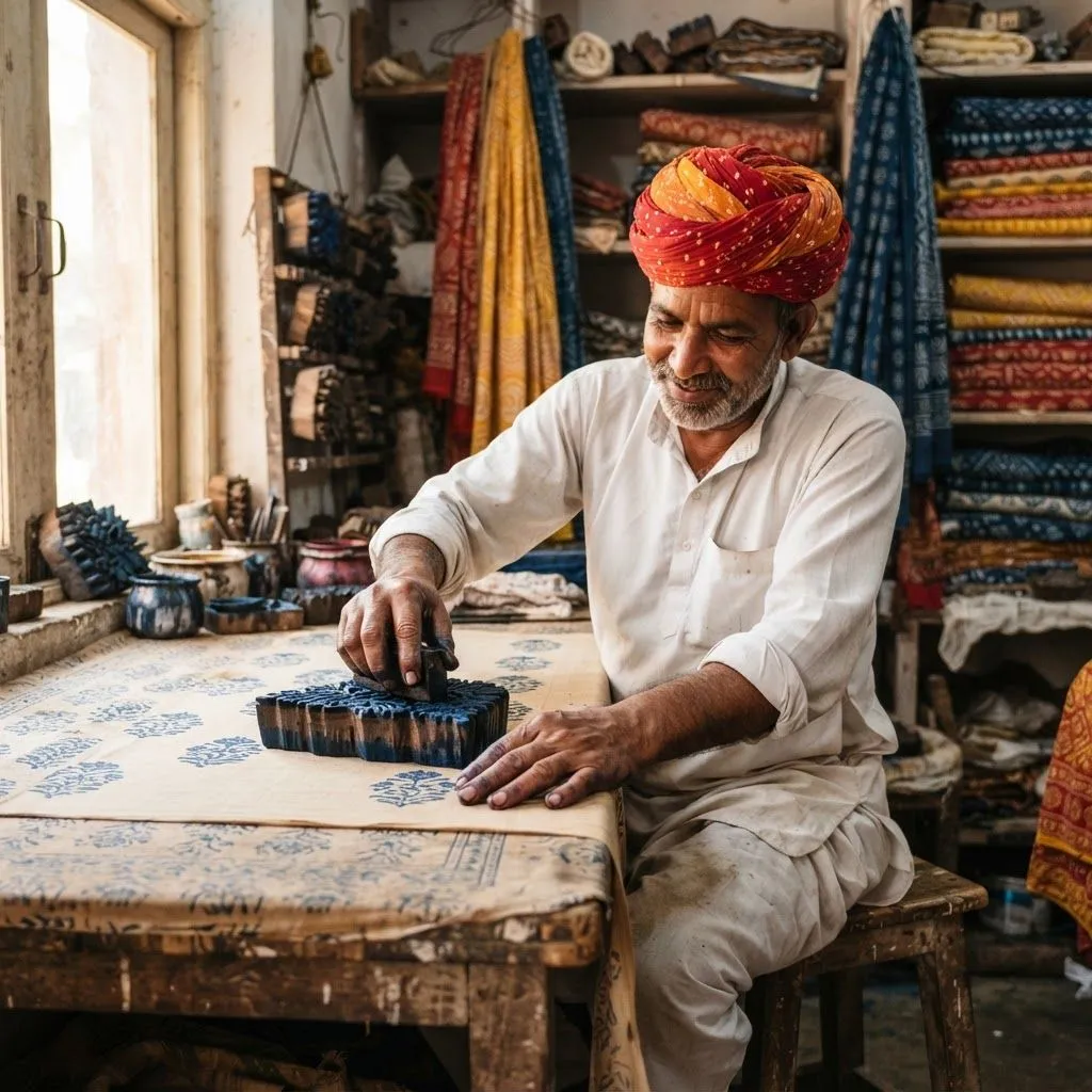 Artisan in a red turban block-printing fabric in a Jaipur workshop, photo 3 of 3